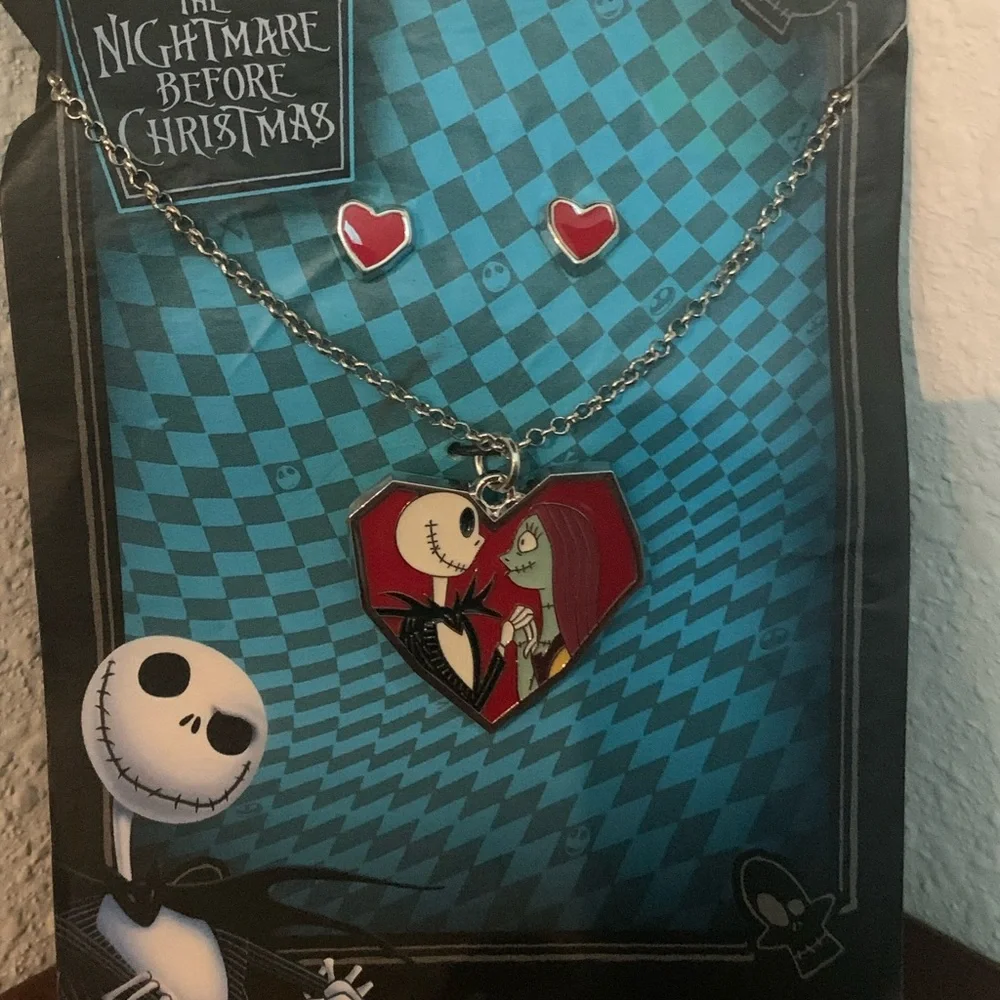 Nightmare before Christmas Jack & Sally Heart necklace & earring set V day gift